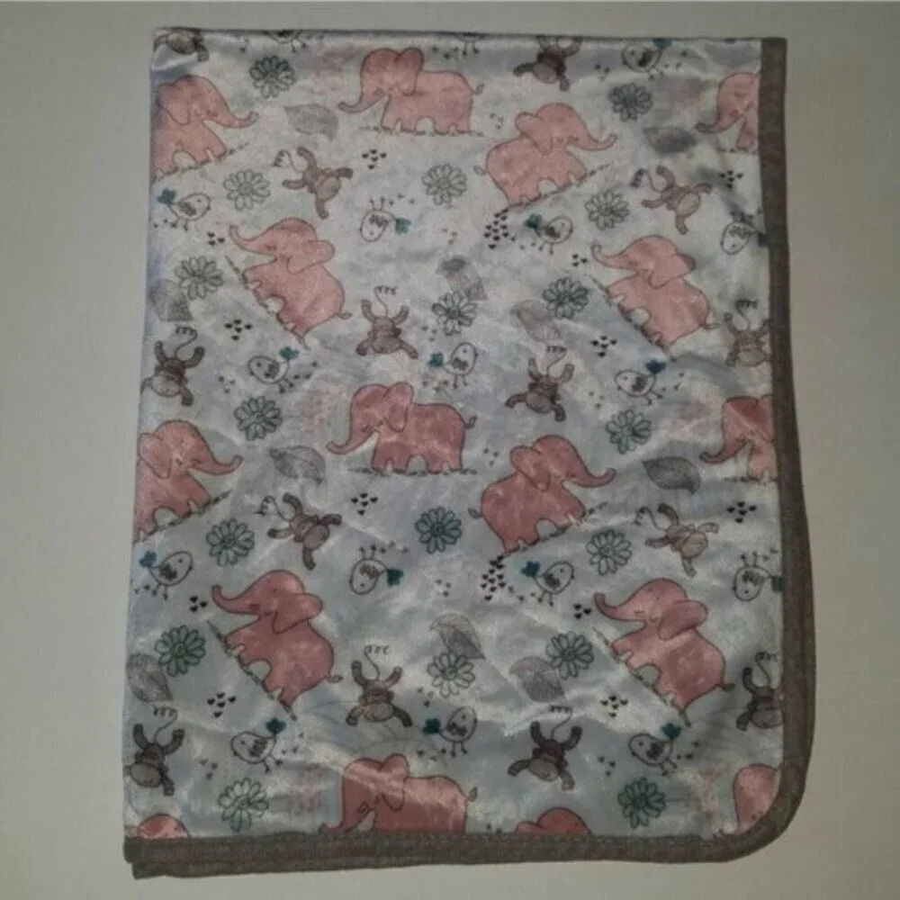 RN 119741 Elephant Monkey Bird Baby Blanket Lovey Pink Gray Greenish